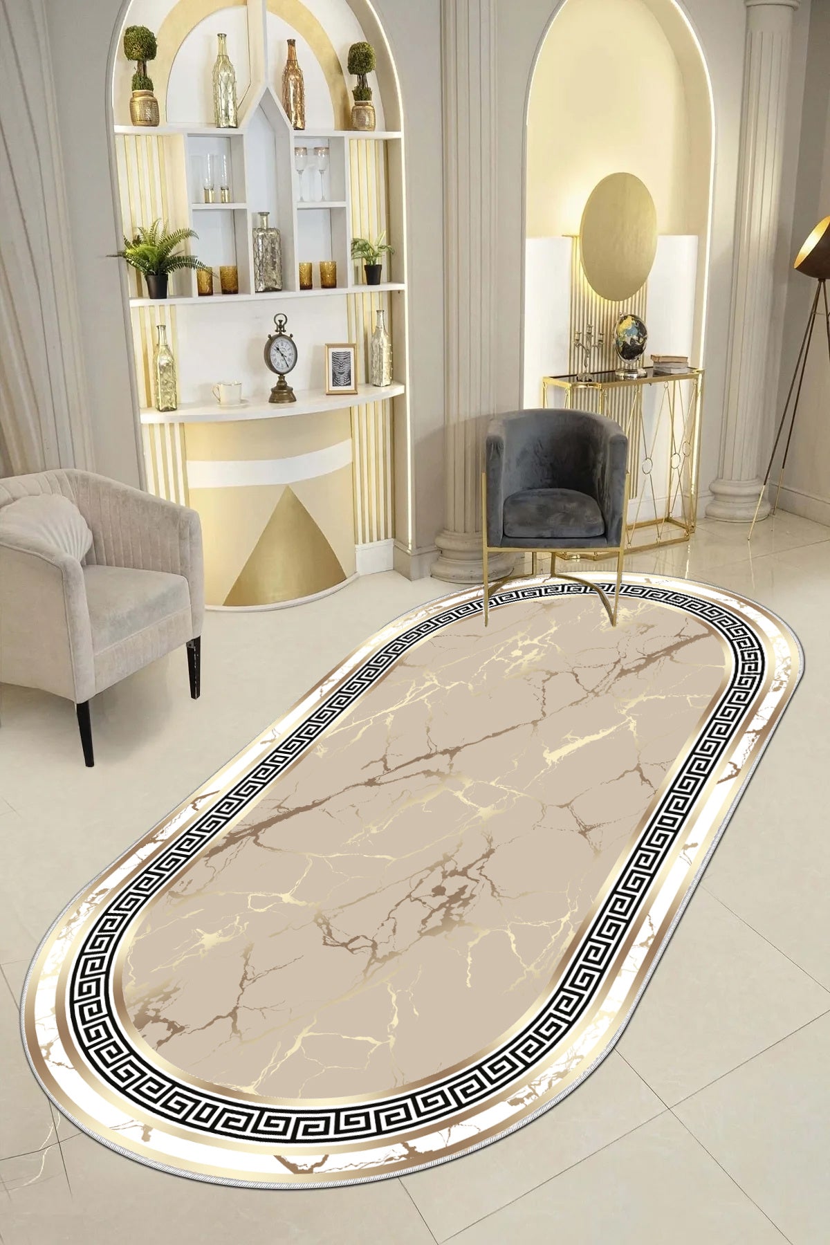 Versace Altın Varak Oval Nesil Baskılı Halı & Yolluk