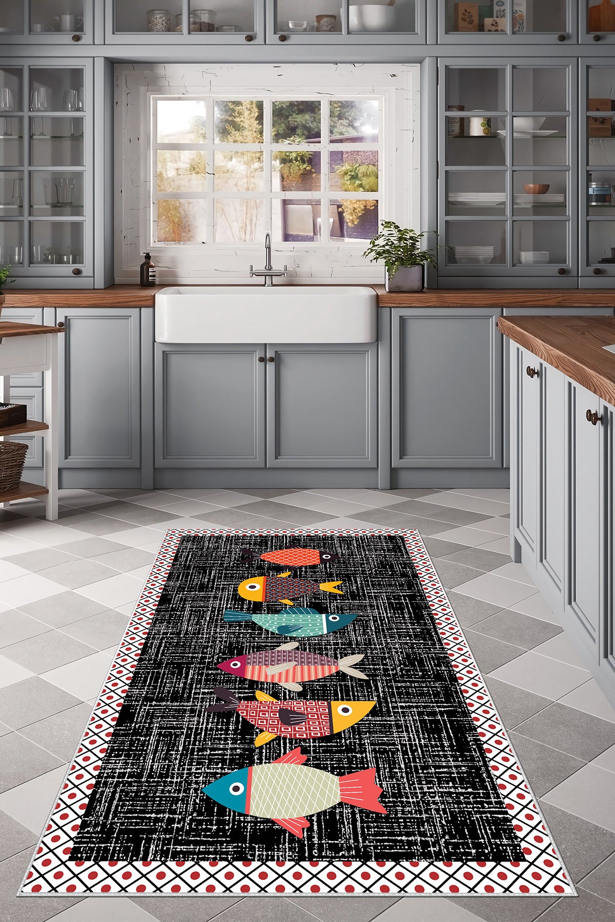 Balık Siyah Yeni Nesil Baskılı Halı & Yolluk