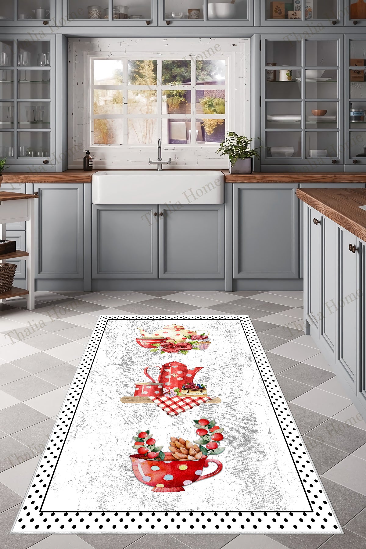 Fincan Beyaz  Baskılı Kaymaz Taban Mutfak Halısı