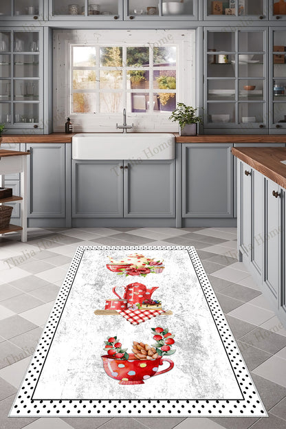 Fincan Beyaz  Baskılı Kaymaz Taban Mutfak Halısı