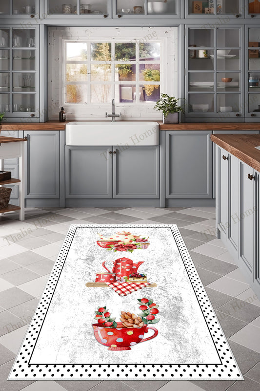 Fincan Beyaz  Baskılı Kaymaz Taban Mutfak Halısı