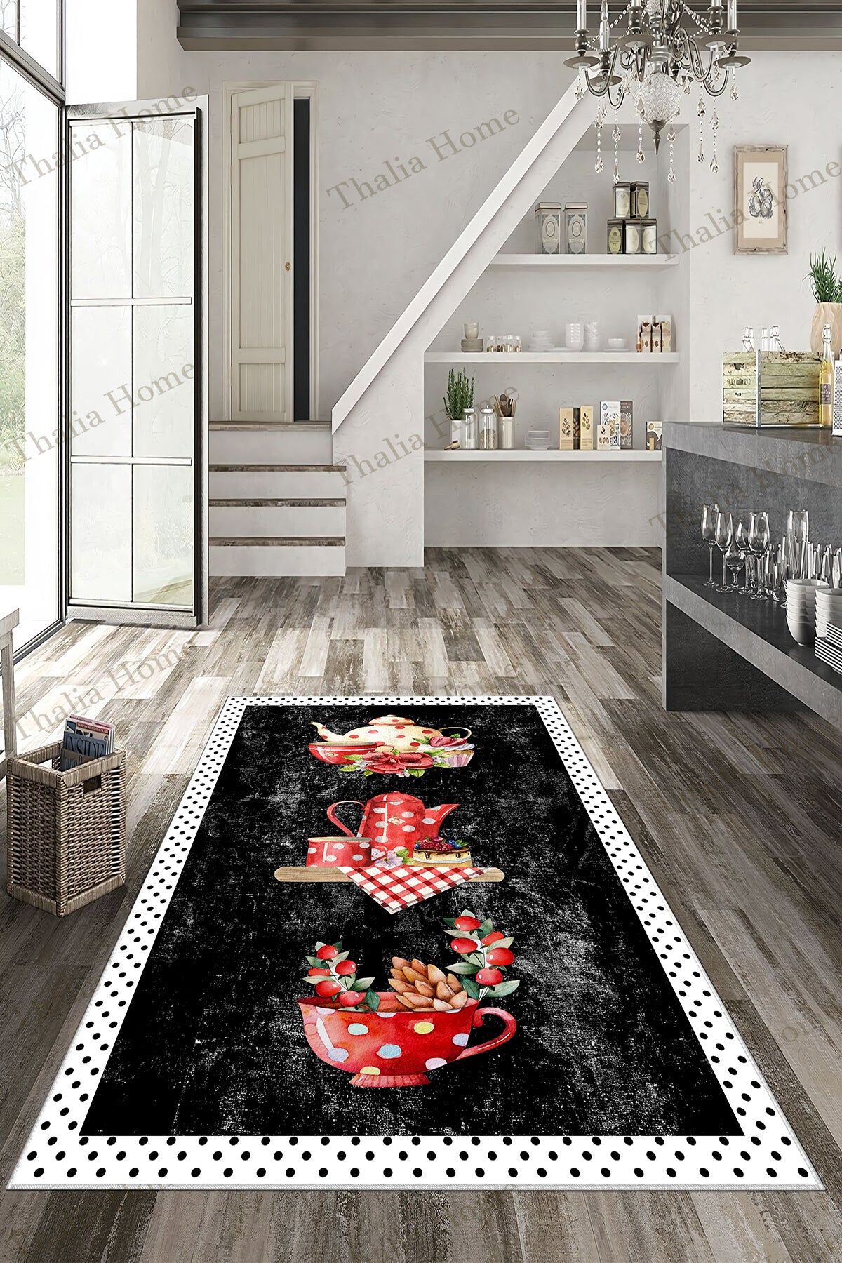 Fincan Siyah  Baskılı Kaymaz Taban Mutfak Halısı