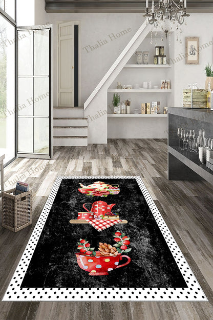 Fincan Siyah  Baskılı Kaymaz Taban Mutfak Halısı