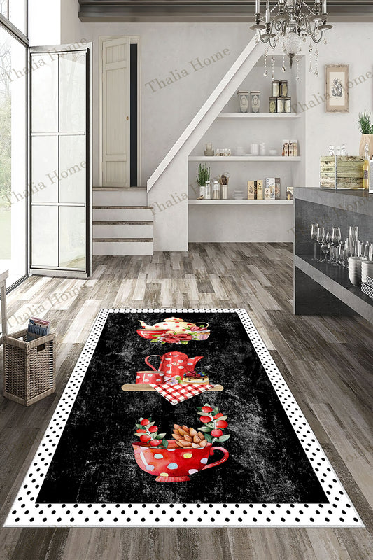 Fincan Siyah  Baskılı Kaymaz Taban Mutfak Halısı