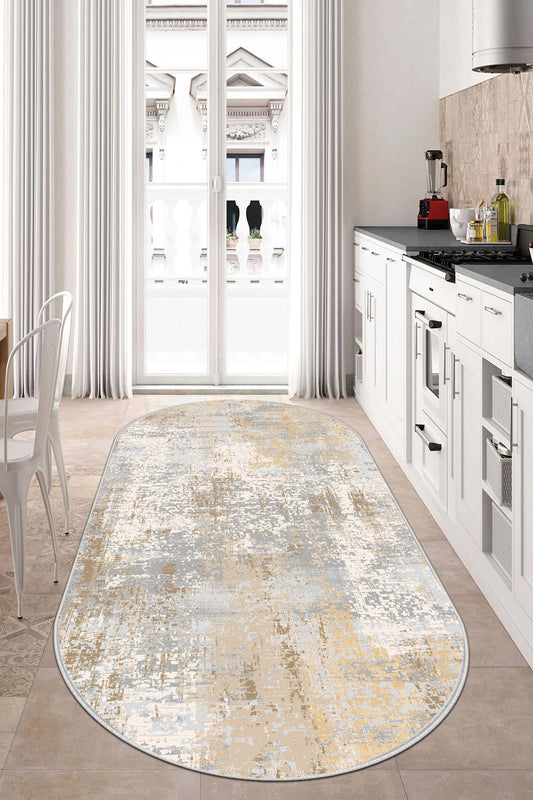 Eskitme Bej oval Yeni Nesil Baskılı Halı & Yolluk