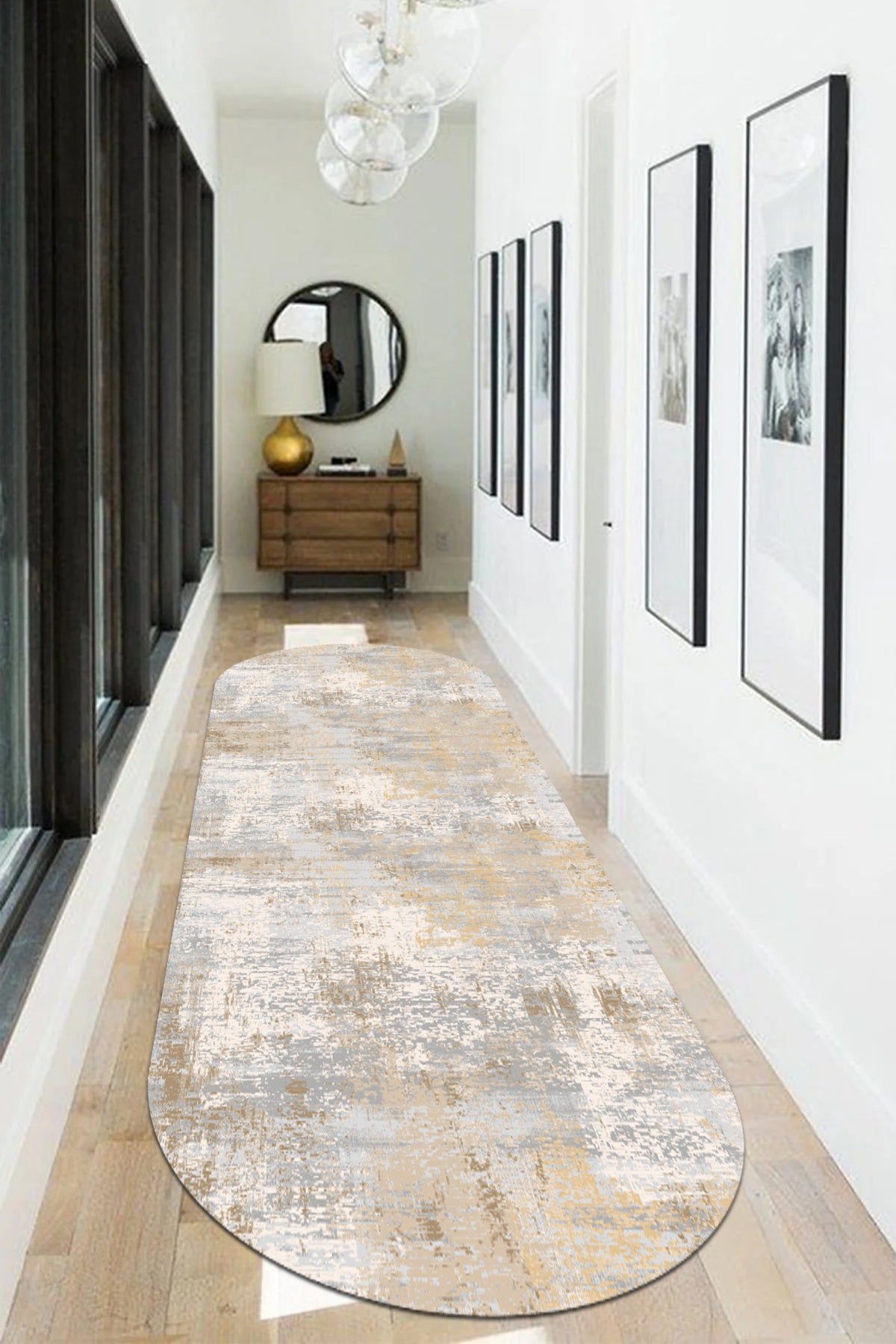 Eskitme Bej oval Yeni Nesil Baskılı Halı & Yolluk