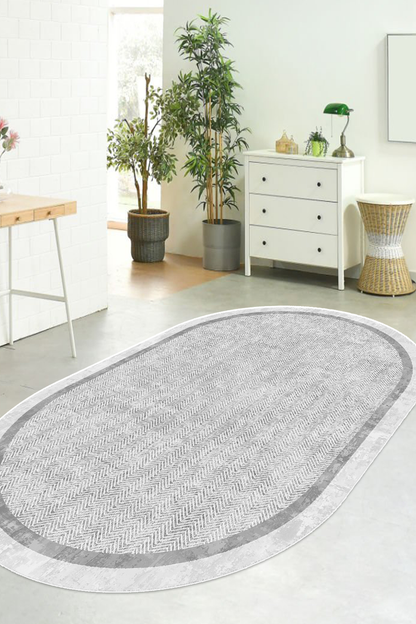 Hermes Gri oval Yeni Nesil Baskılı Halı & Yolluk