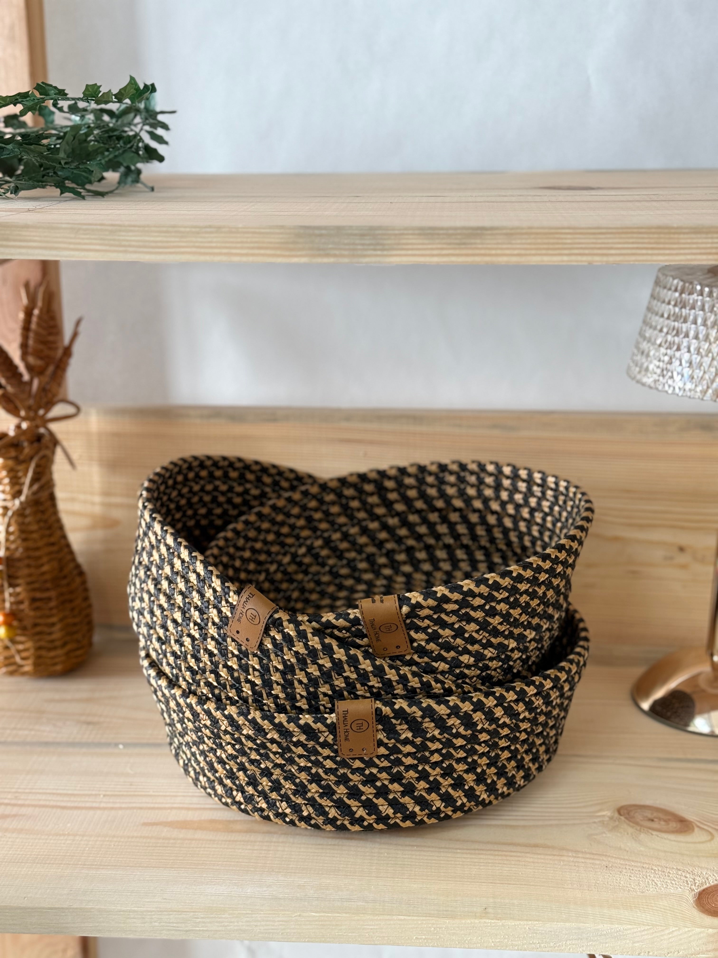 3 Lü Sepet Takımı , Çok Amaçlı Sepet, Banyo Ve Mutfak Organizeri Üçlü YUVARLAK HASIR-SİYAH