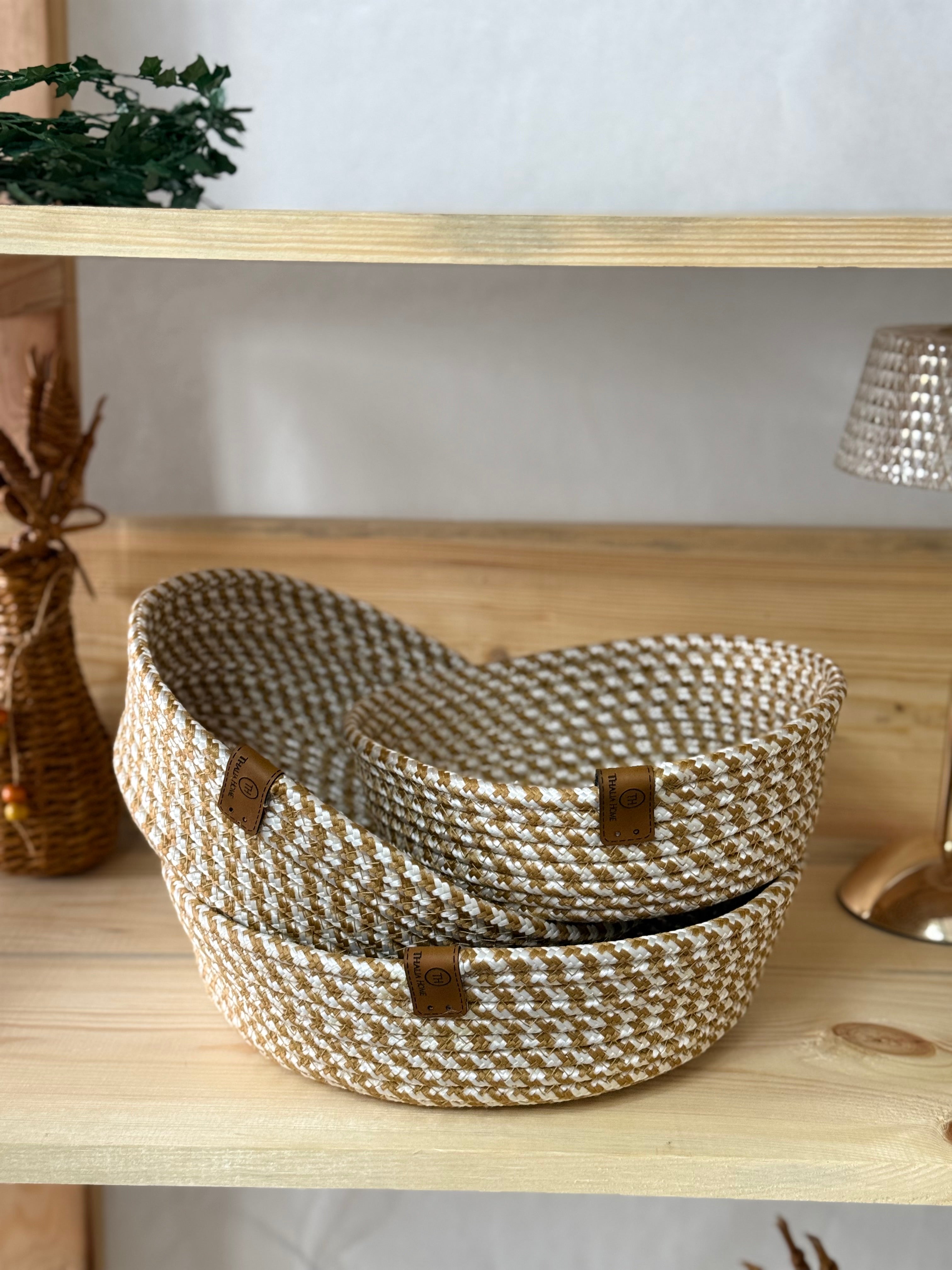 3 Lü Sepet Takımı , Çok Amaçlı Sepet, Banyo Ve Mutfak Organizeri Üçlü YUVARLAK HASIR-BEYAZ