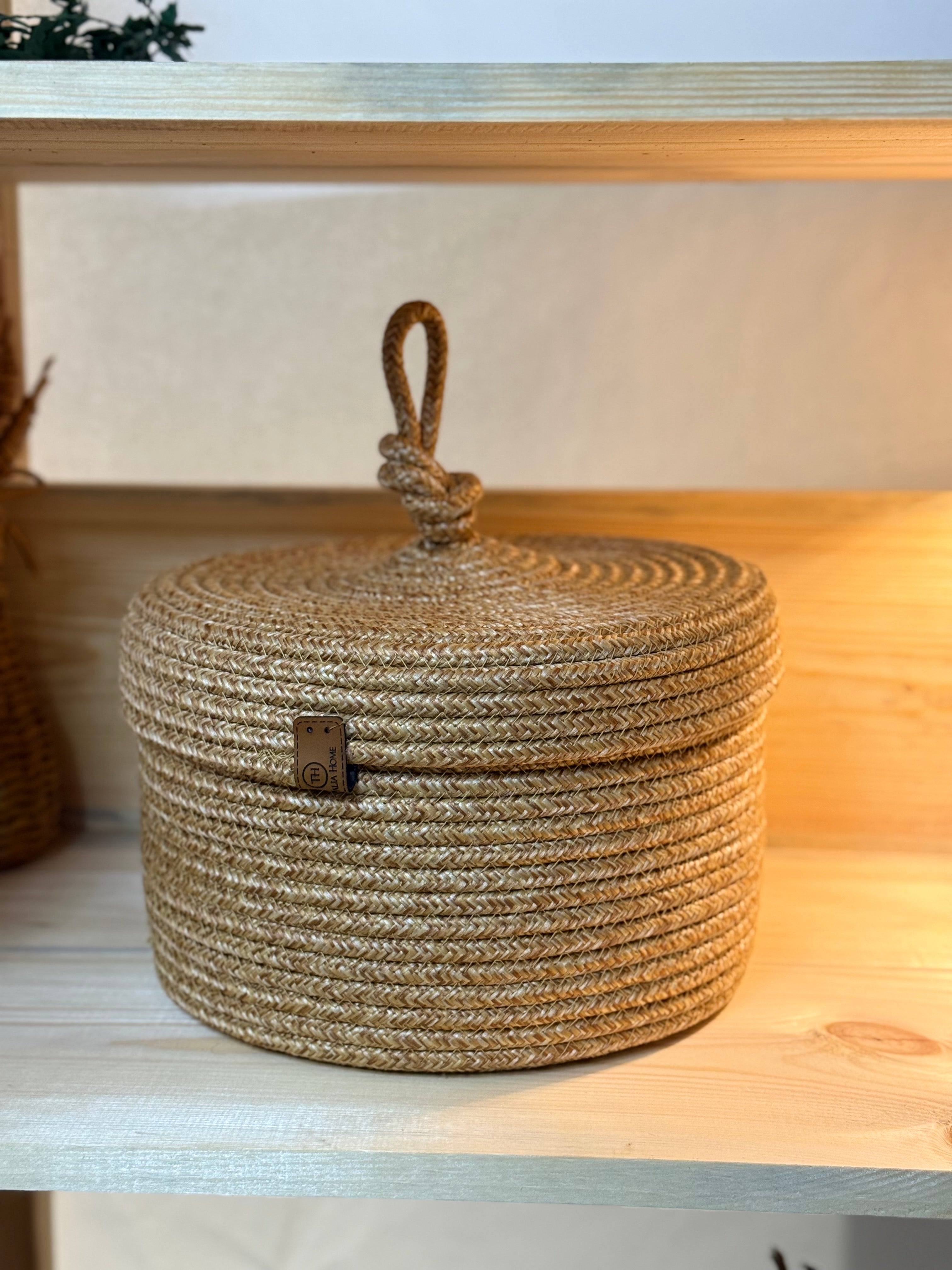 Jüt, Hasır Kapaklı Sepet , El Dokuması, Çok Amaçlı Depolama Mutfak Sepeti, Banyo Sepeti