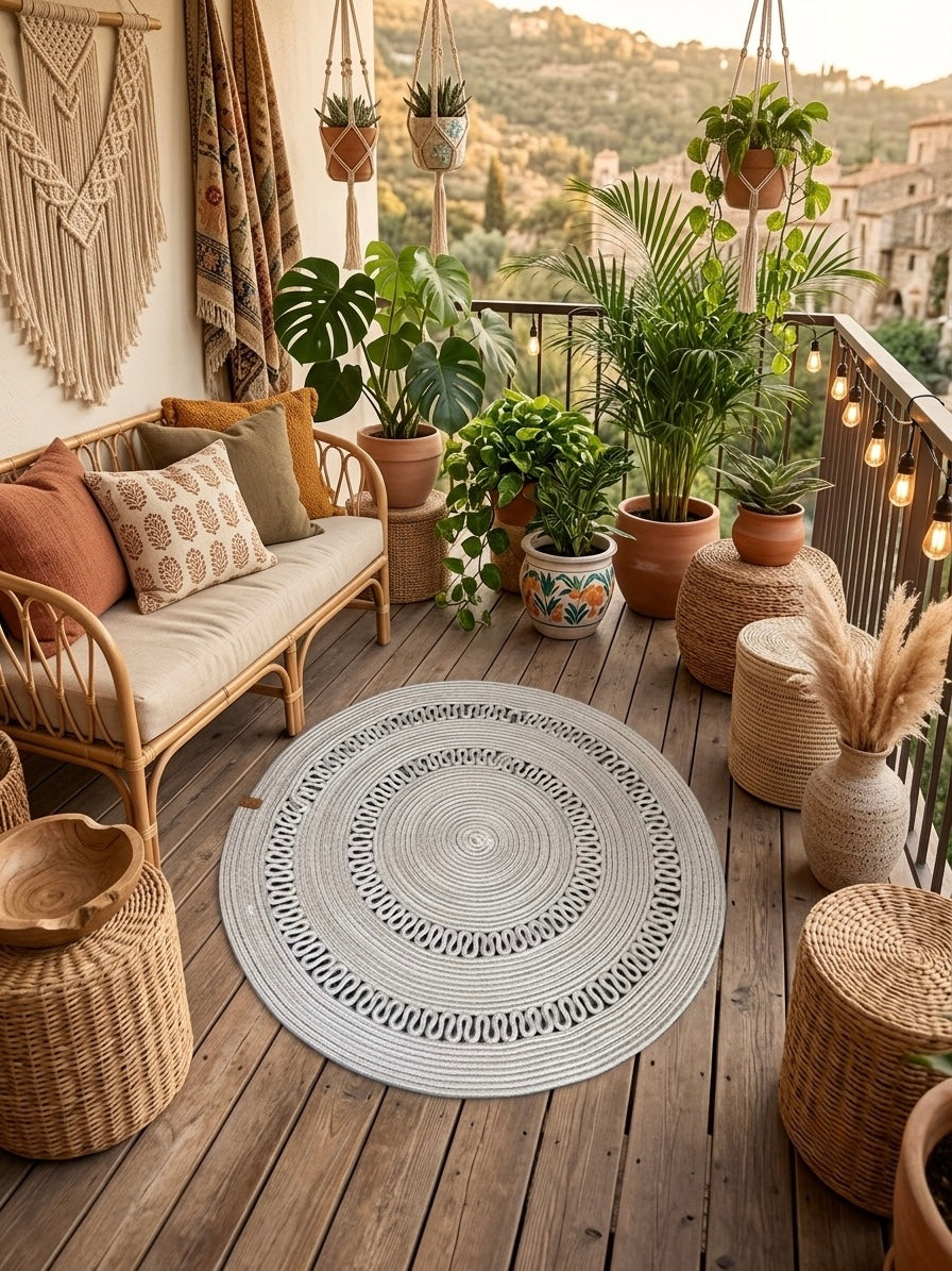 Jüt Kilim Yuvarlak Hasır Halı Khalifa Gri