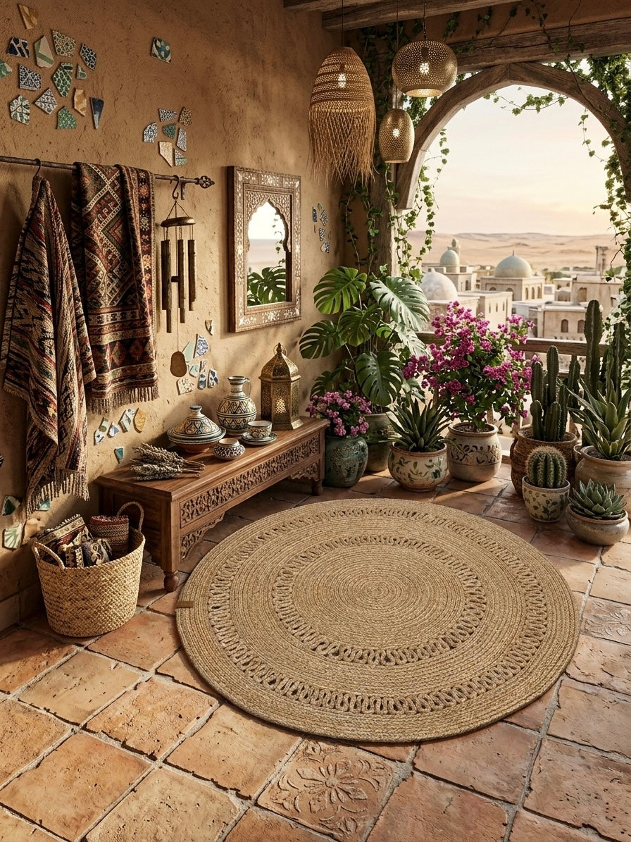 Jüt Kilim Yuvarlak Hasır Halı Khalifa Hasır