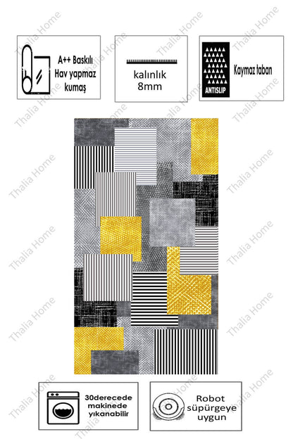 Kare Dizayn Gri Yeni Nesil Baskılı Halı & Yolluk