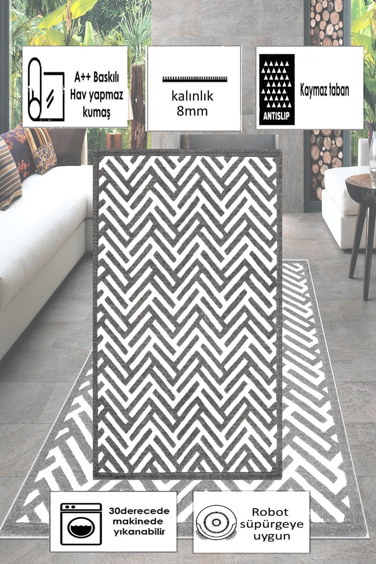 Labirent Gri Yeni Nesil Baskılı Halı & Yolluk