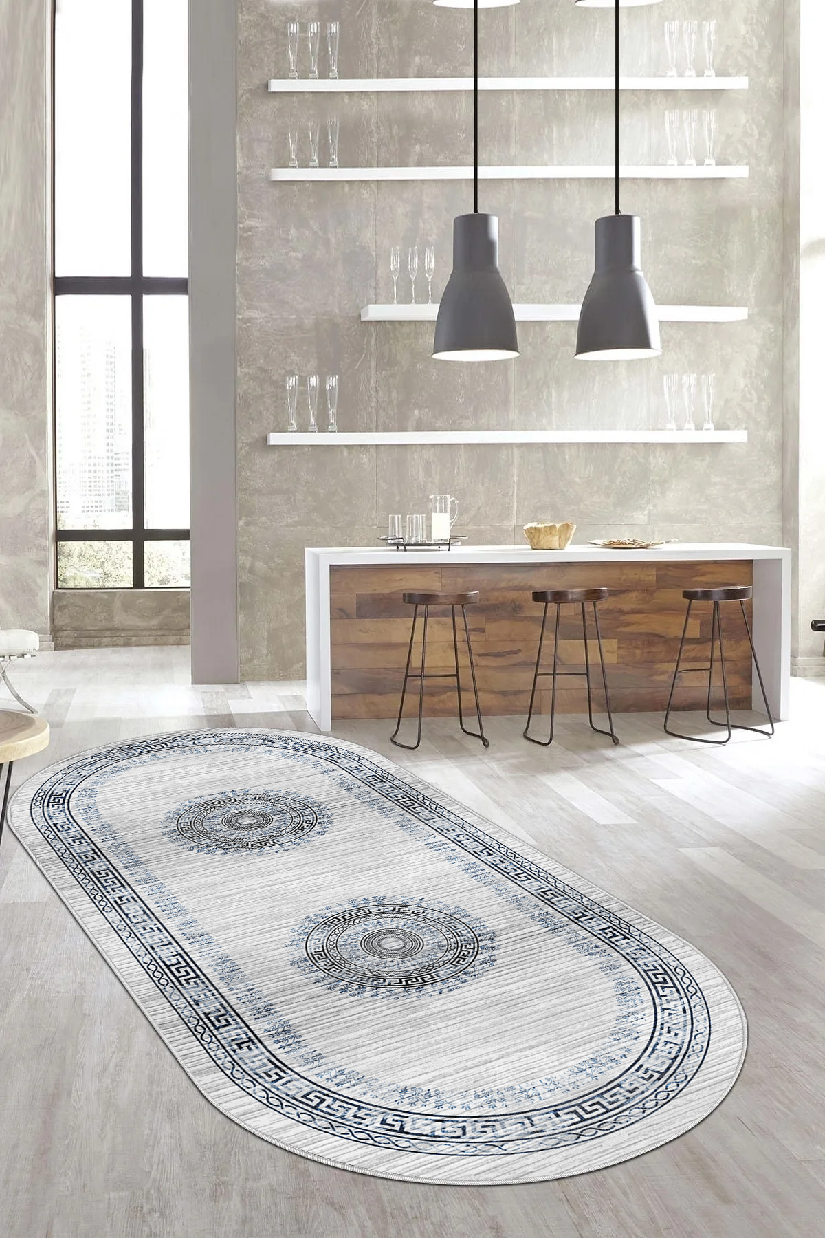 kleopatra Mavi Oval Yeni Nesil Baskılı Halı & Yolluk