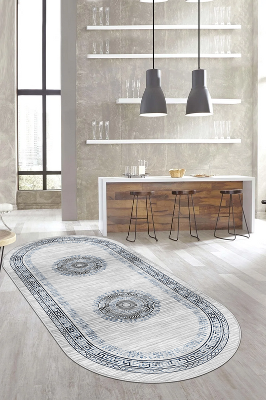 kleopatra Mavi Oval Yeni Nesil Baskılı Halı & Yolluk