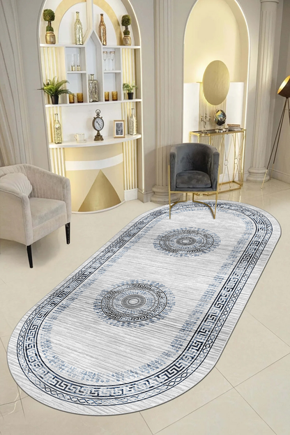 kleopatra Mavi Oval Yeni Nesil Baskılı Halı & Yolluk