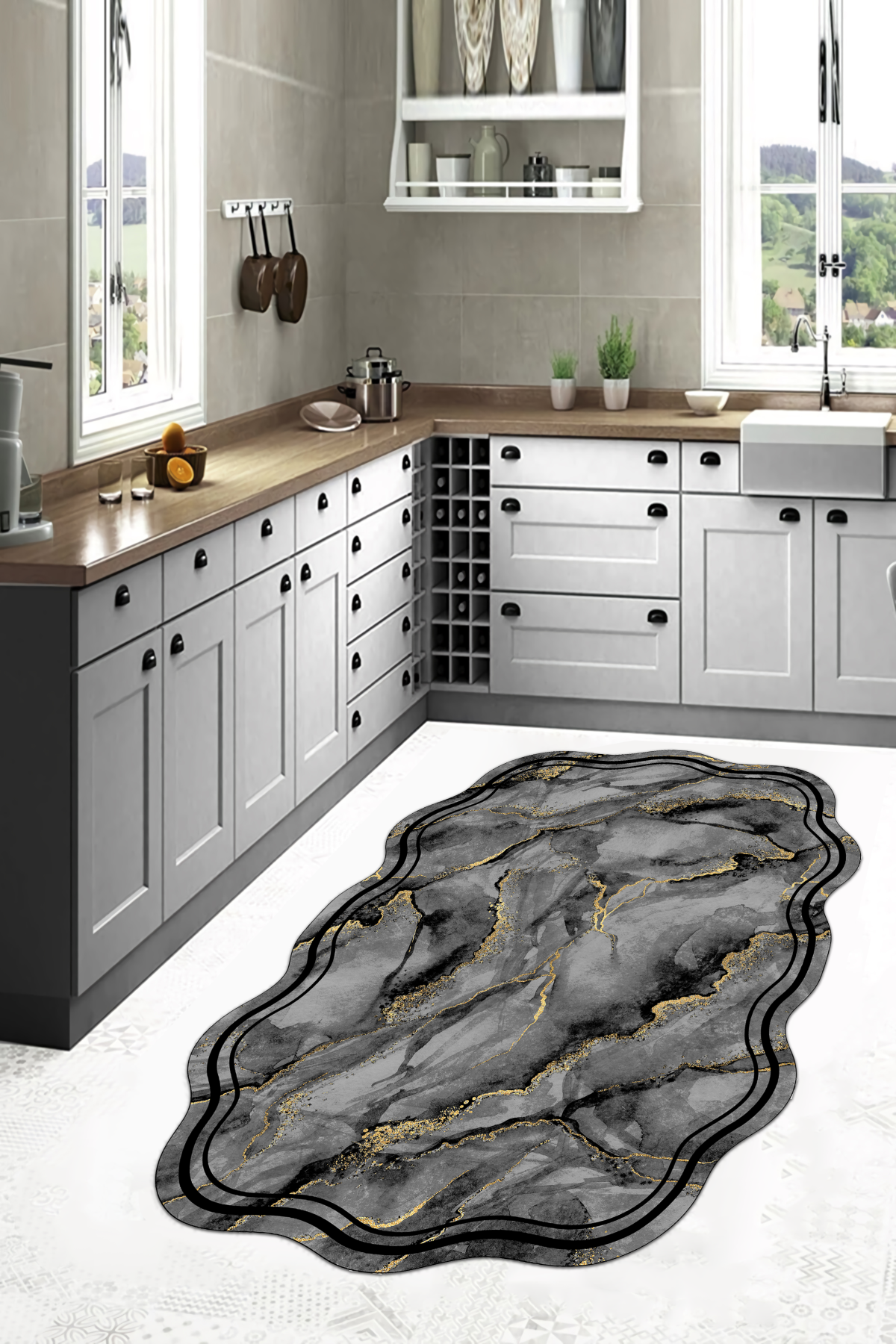 Mermeralda Gri Baskılı Kaymaz Taban Mutfak Halısı