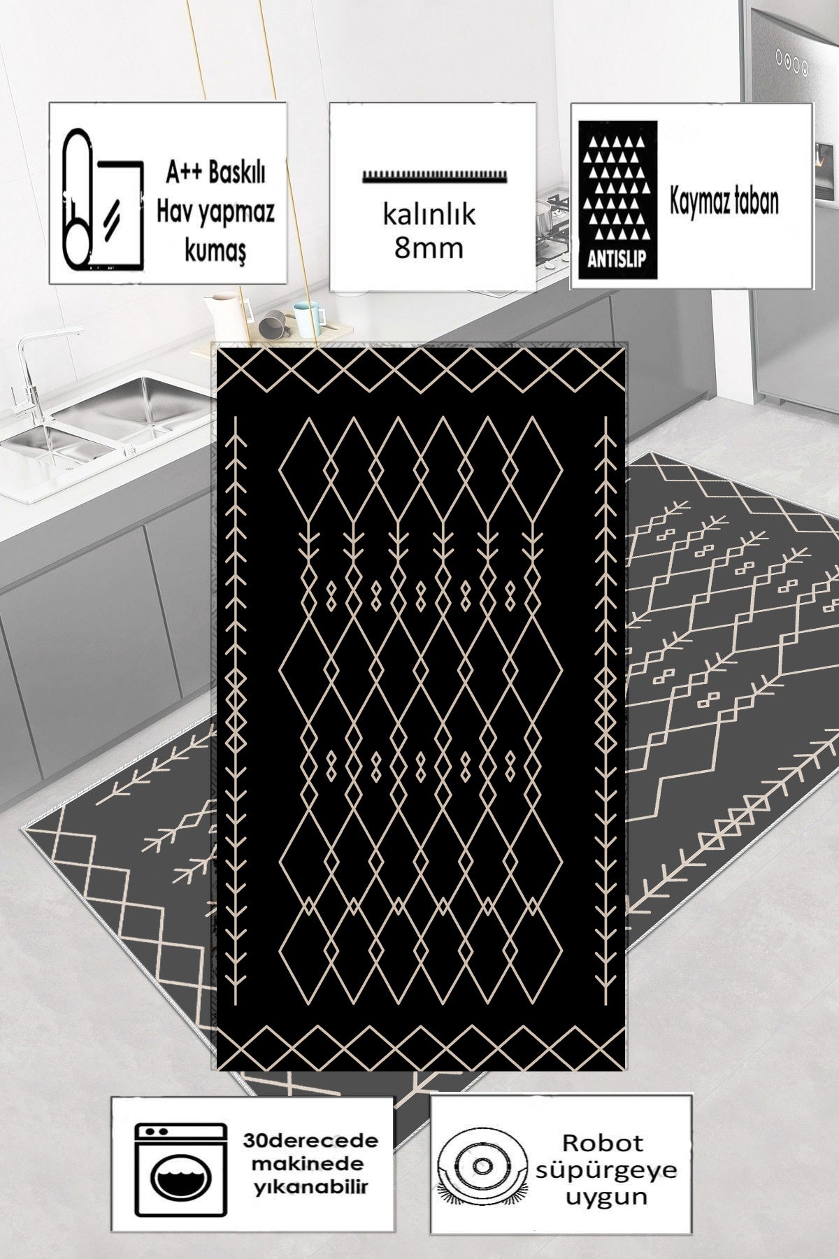 Perla Siyah Yeni Nesil Baskılı Halı & Yolluk