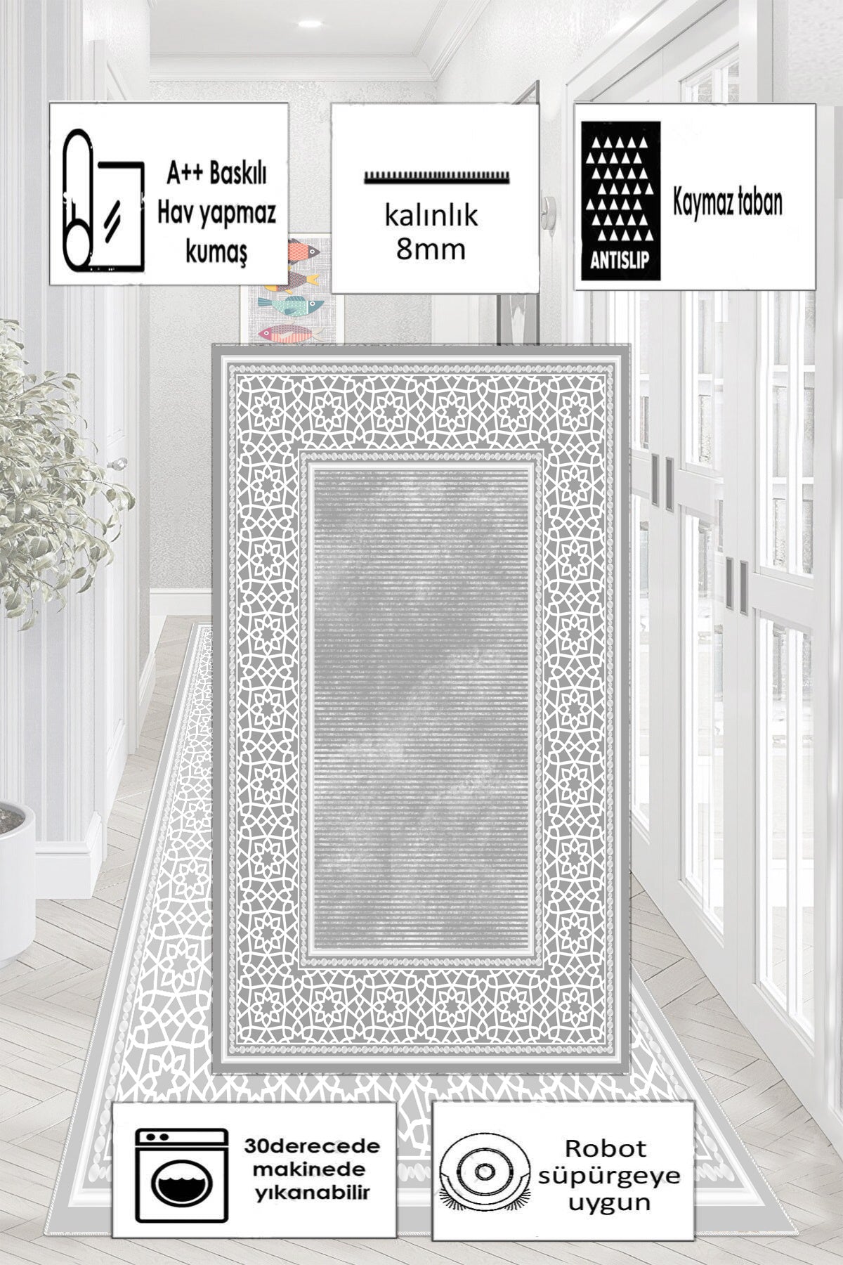 Saray Gri Yeni Nesil Baskılı Halı & Yolluk