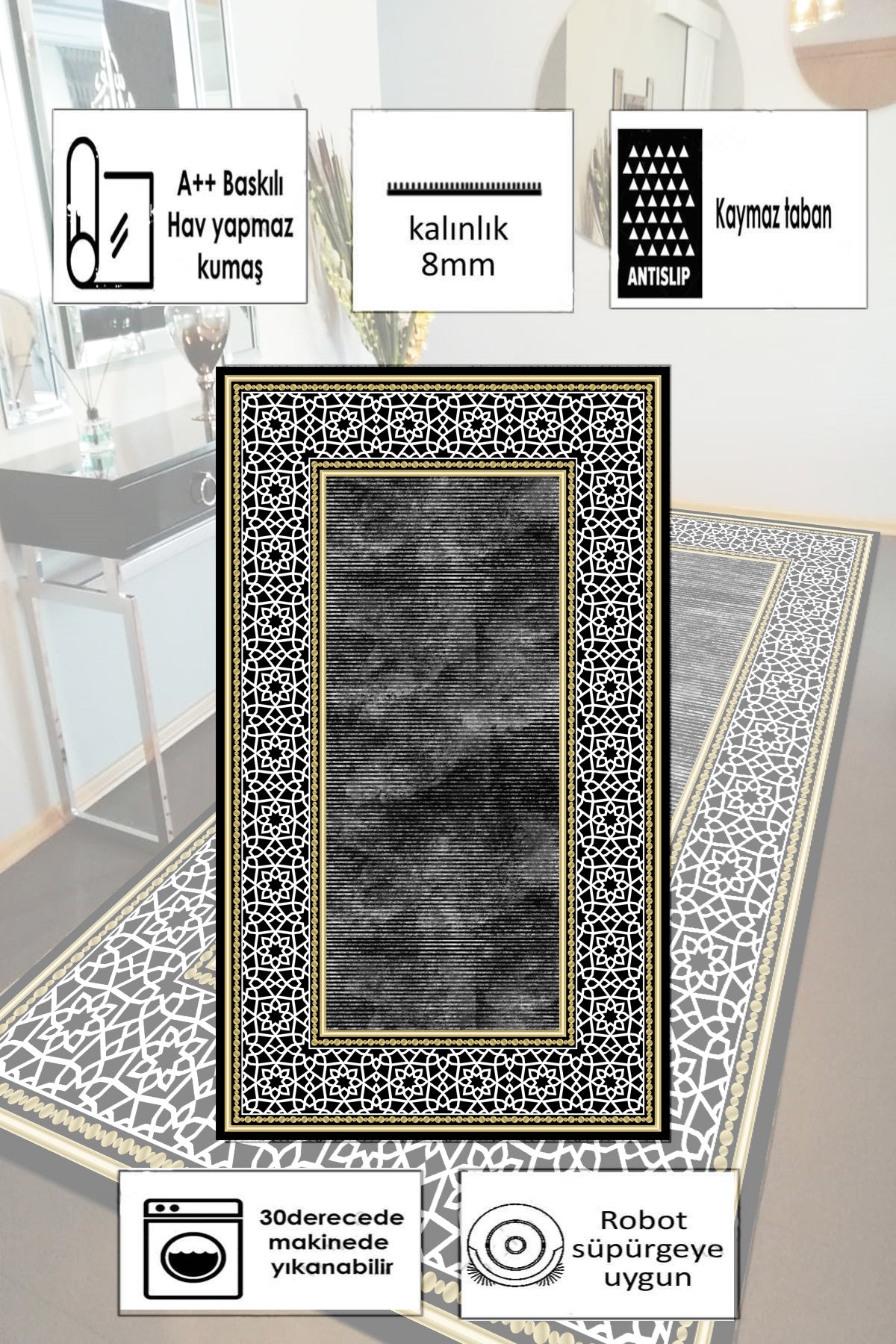 Saray Siyah Yeni Nesil Baskılı Halı & Yolluk