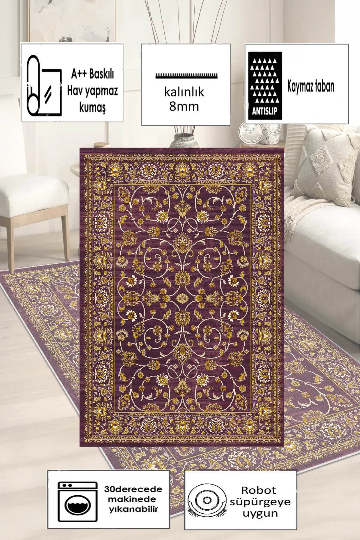 Kaymaz tabanlı Yeni Nesil Baskılı Halı & Yolluk Atlas Bordo