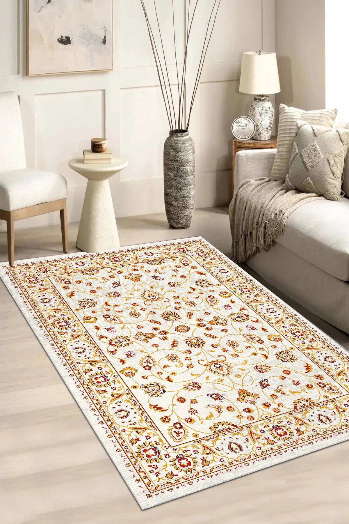 Kaymaz tabanlı Yeni Nesil Baskılı Halı & Yolluk Atlas Krem