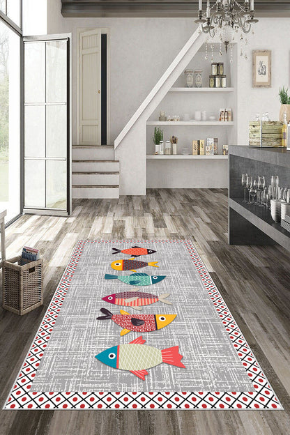 Balık Gri  Baskılı Kaymaz Taban Mutfak Halısı