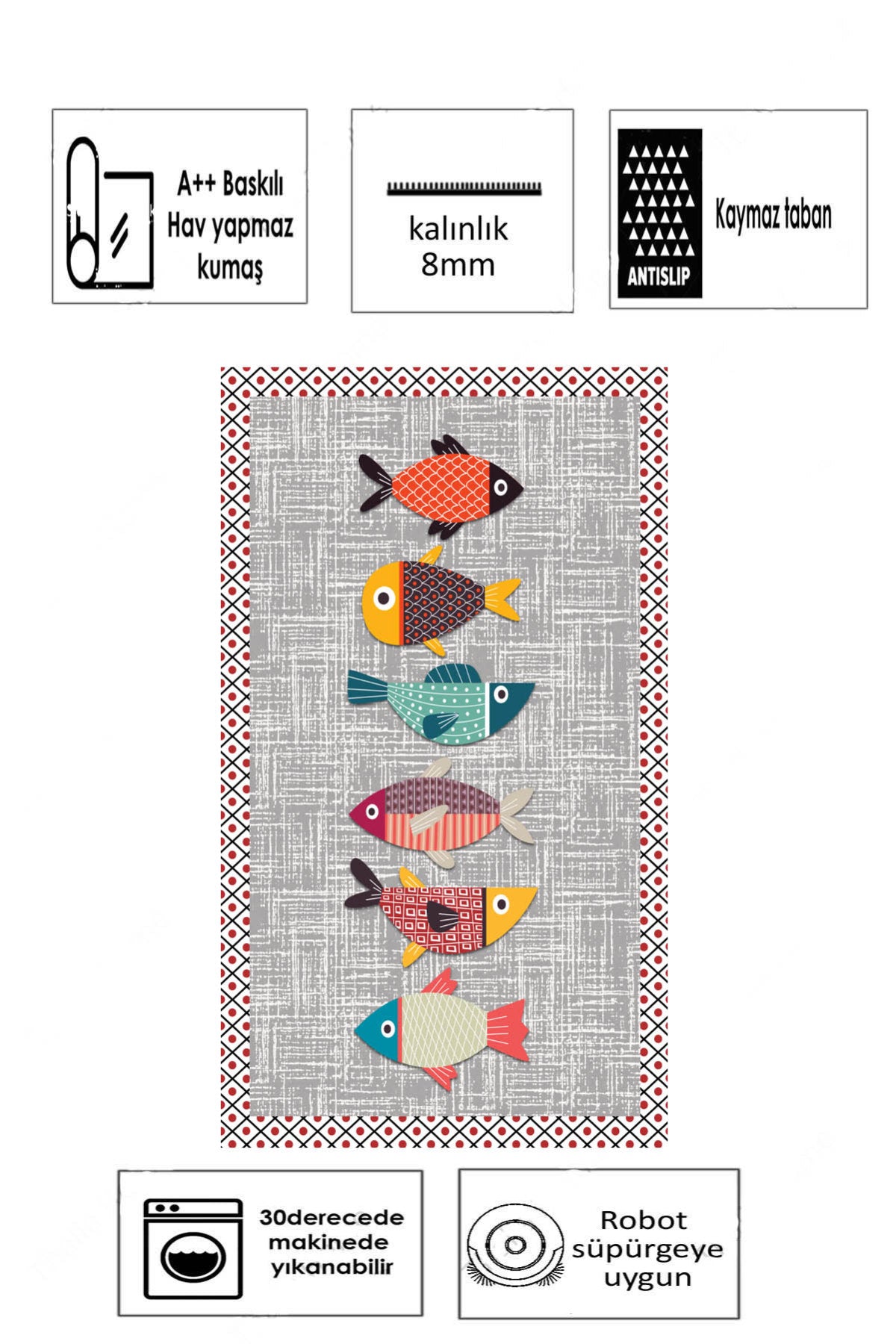 Balık Gri  Baskılı Kaymaz Taban Mutfak Halısı