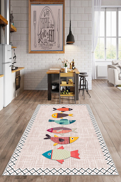 Balık Pembe  Baskılı Kaymaz Taban Mutfak Halısı