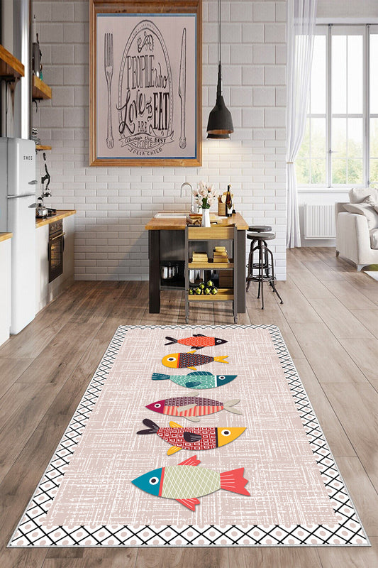 Balık Pembe  Baskılı Kaymaz Taban Mutfak Halısı