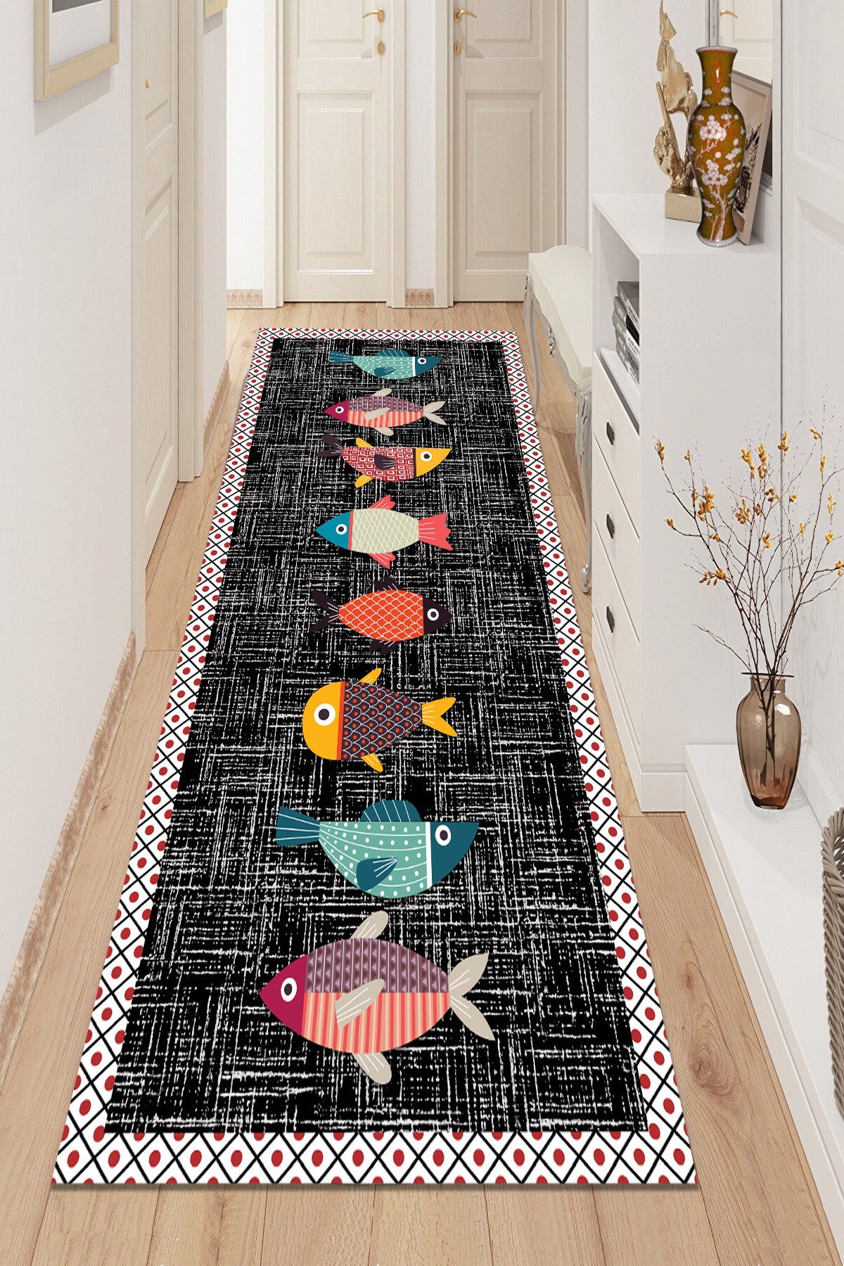 Balık Siyah Yeni Nesil Baskılı Halı & Yolluk