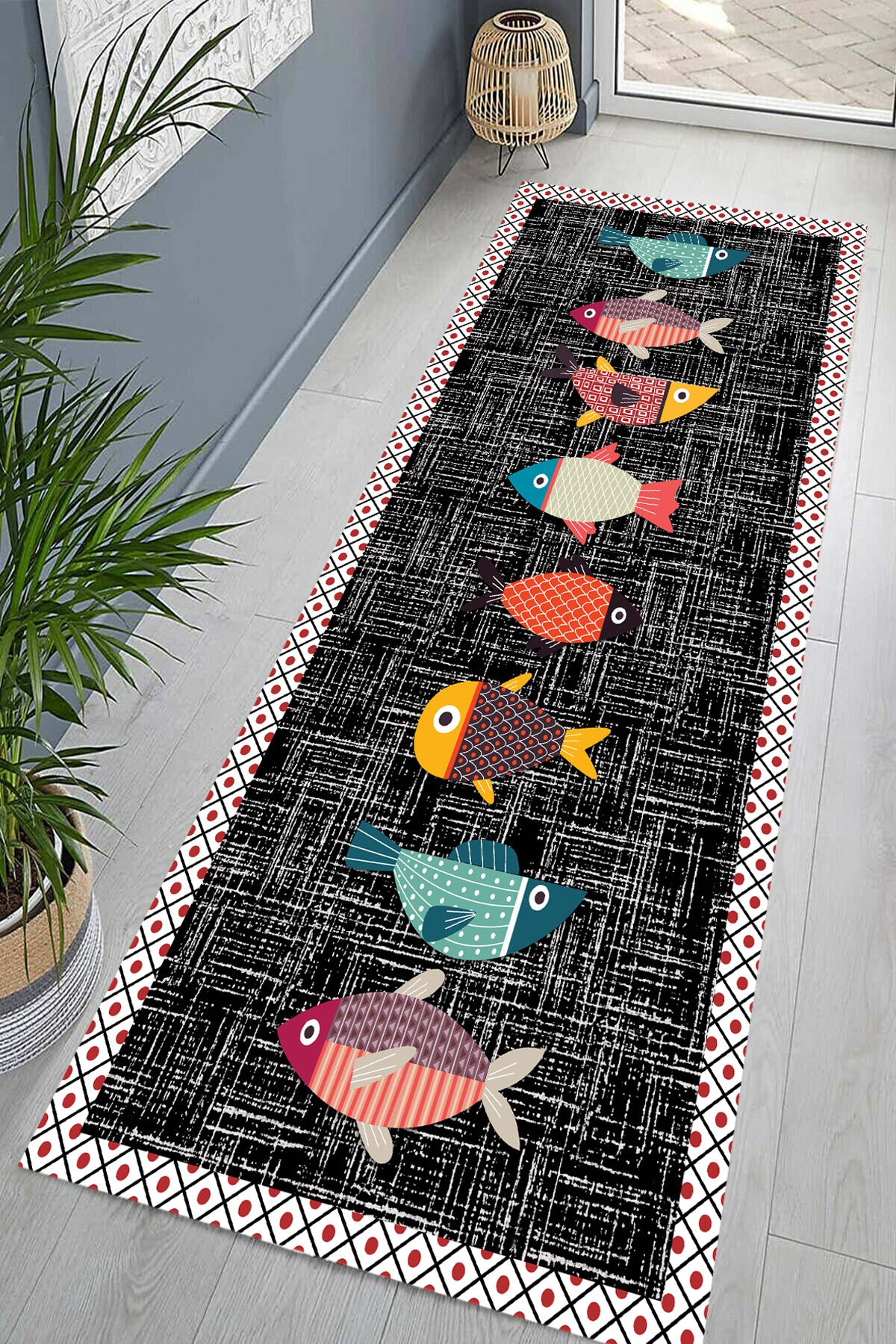 Balık Siyah Yeni Nesil Baskılı Halı & Yolluk