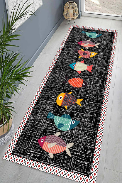 Balık Siyah Yeni Nesil Baskılı Halı & Yolluk