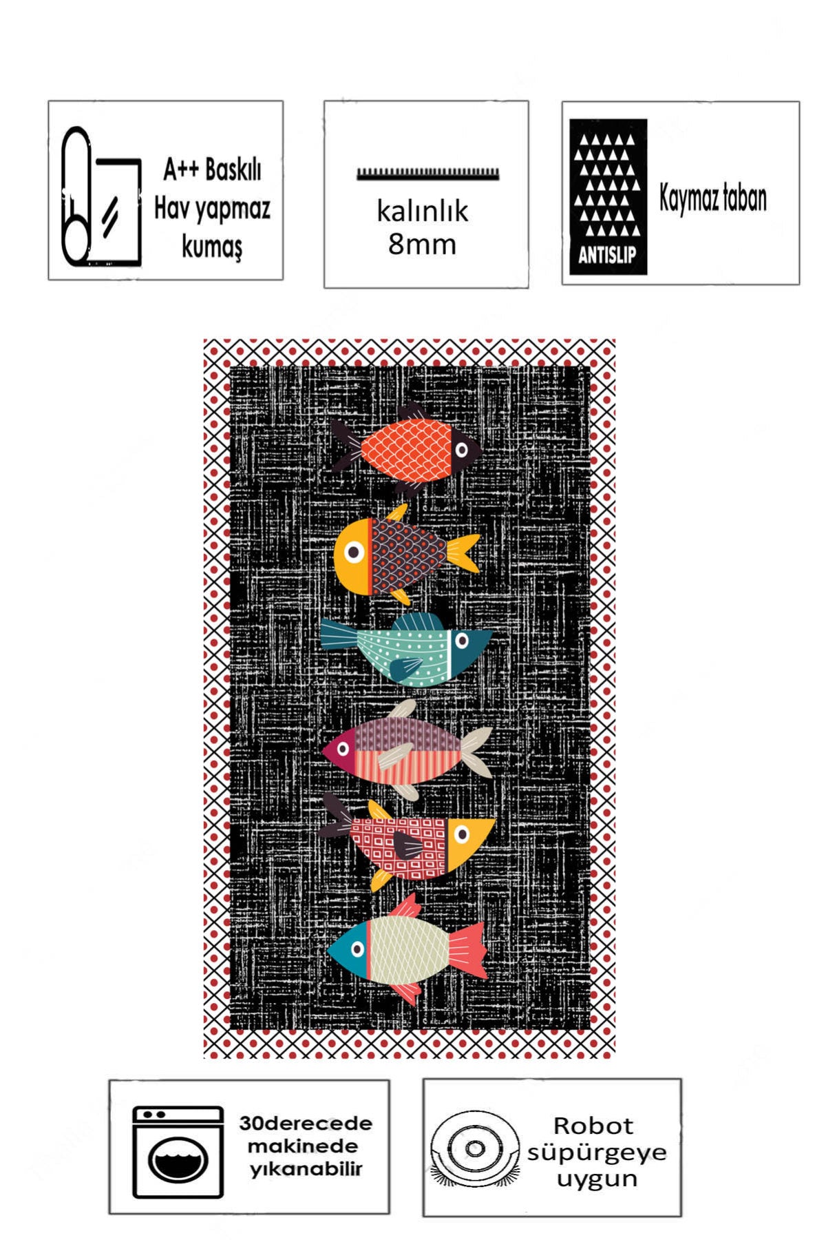 Balık Siyah  Baskılı Kaymaz Taban Mutfak Halısı