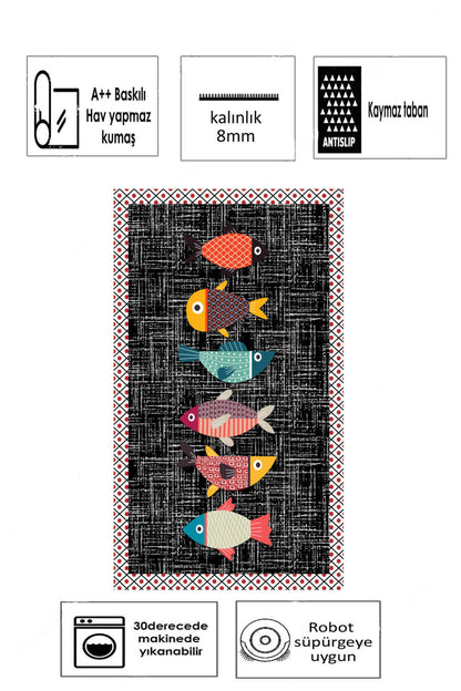 Balık Siyah  Baskılı Kaymaz Taban Mutfak Halısı