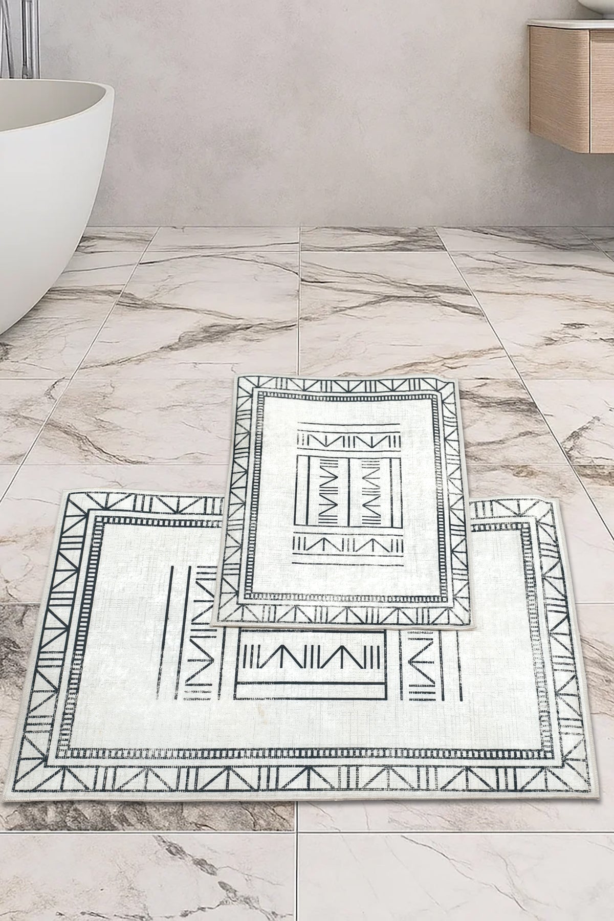 Kaymaz Taban Yıkanabilir 2'li Set Banyo Halısı Banyo Paspas Seti Klozet Takımı Bohem Beyaz
