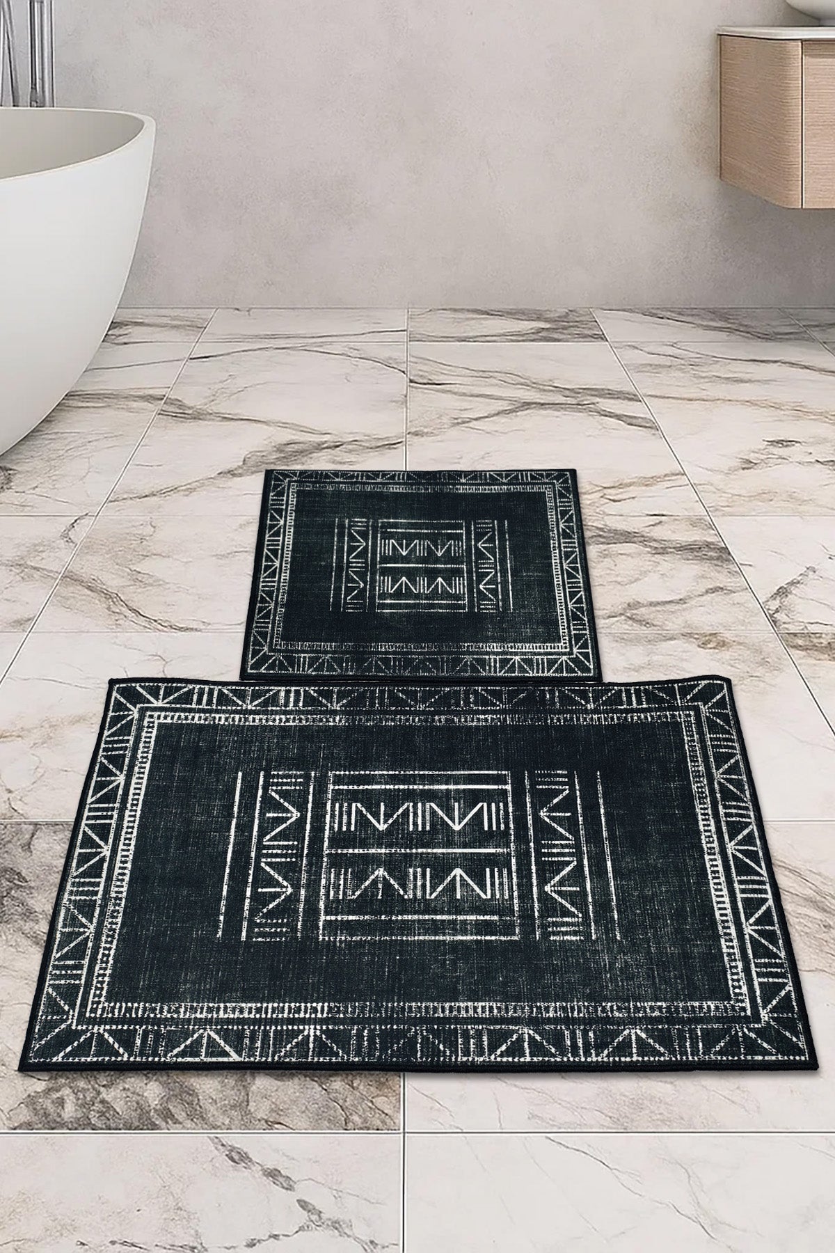 Kaymaz Taban Yıkanabilir 2'li Set Banyo Halısı Banyo Paspas Seti Klozet Takımı Bohem Siyah