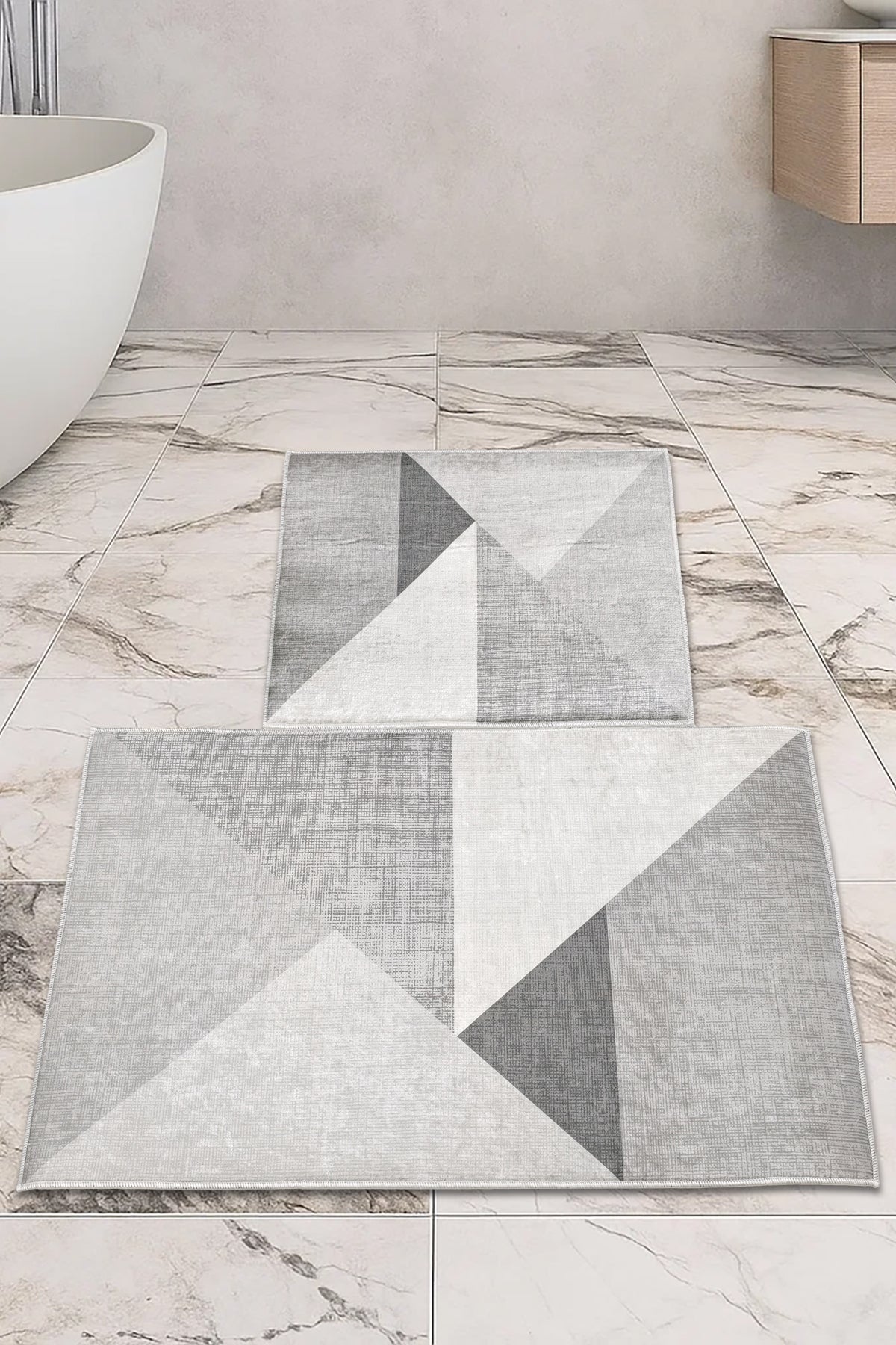 Kaymaz Taban Yıkanabilir 2'li Set Banyo Halısı Banyo Paspas Seti Klozet Takımı Çapraz Gri