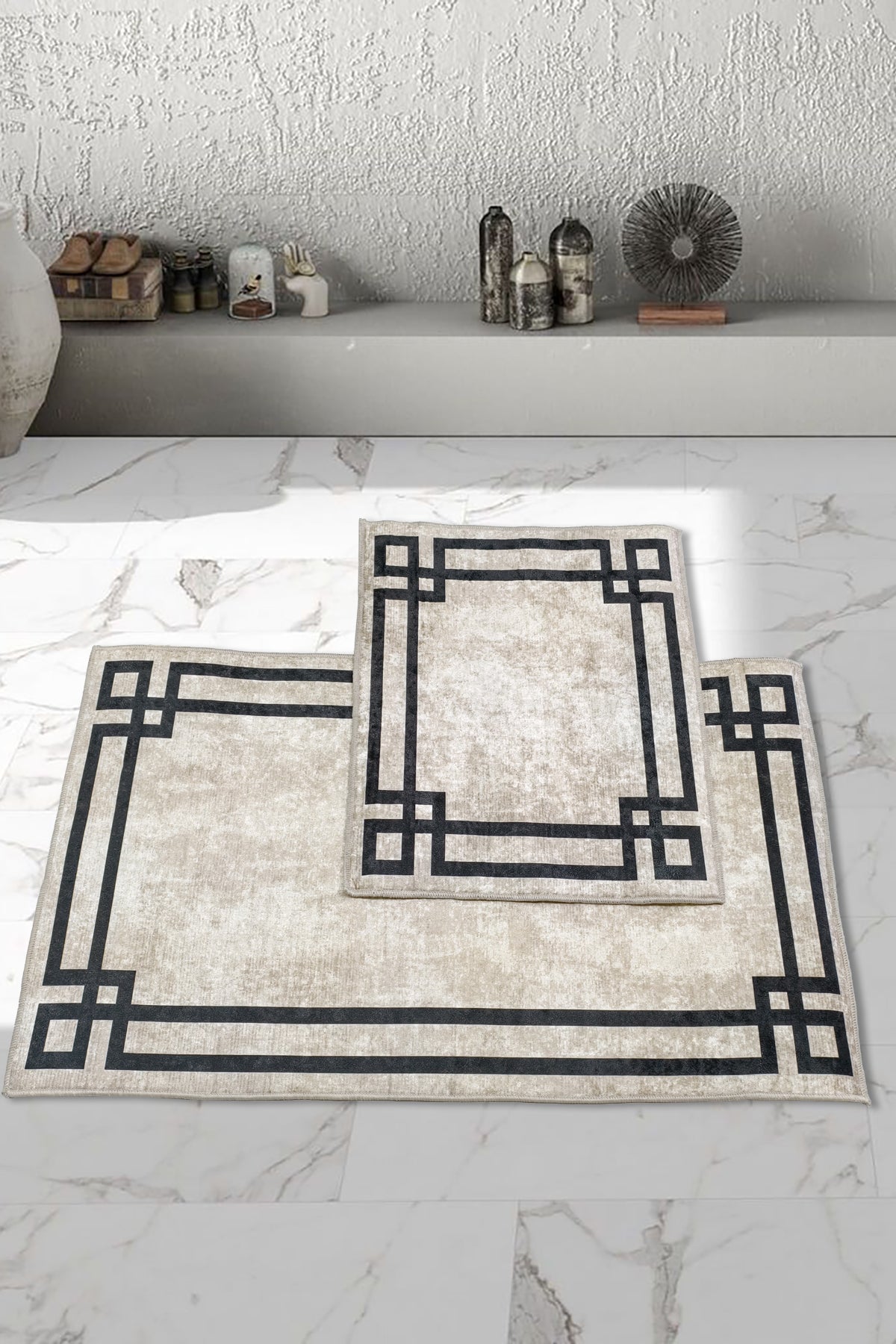 Kaymaz Taban Yıkanabilir 2'li Set Banyo Halısı Banyo Paspas Seti Klozet Takımı Classic Bej