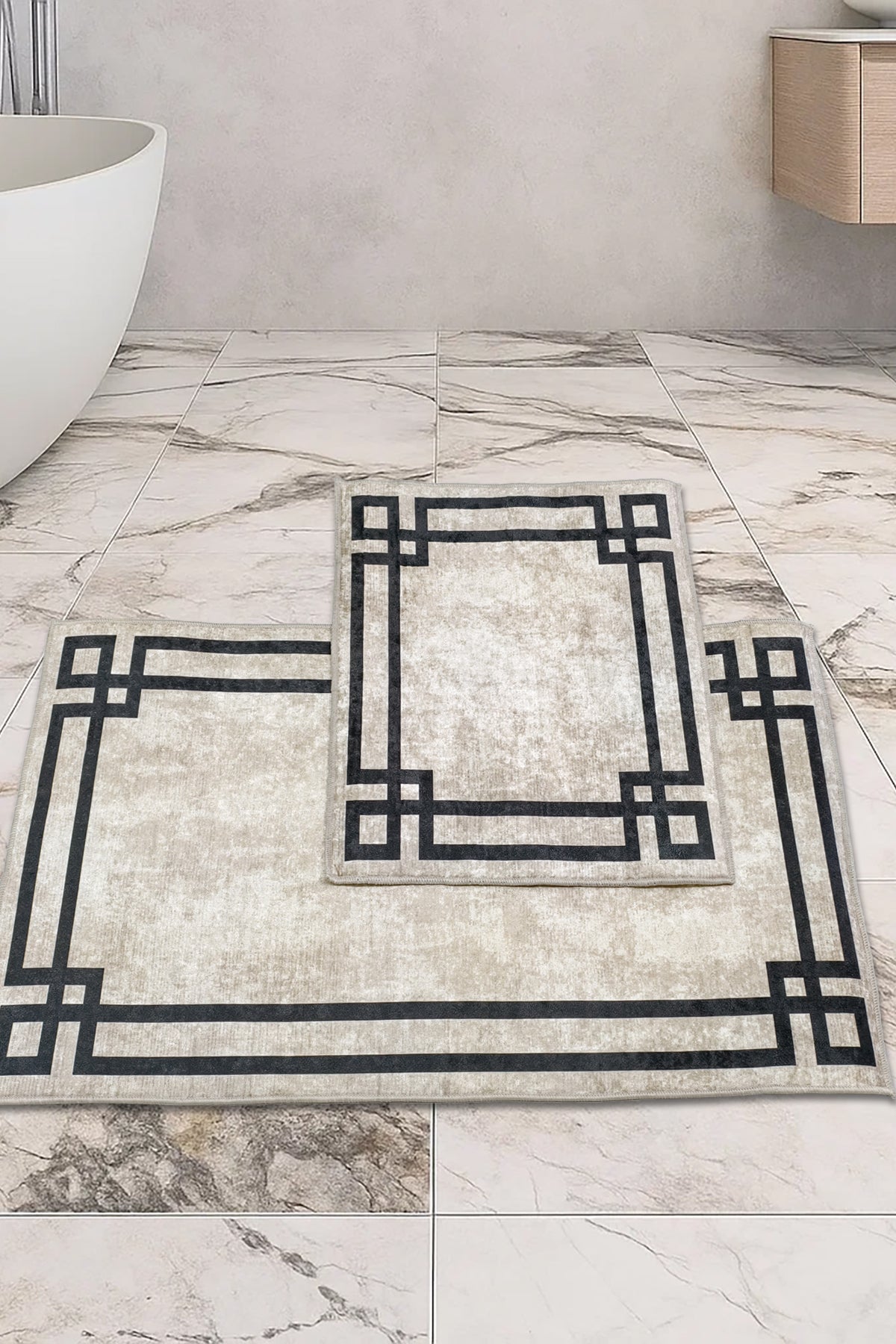 Kaymaz Taban Yıkanabilir 2'li Set Banyo Halısı Banyo Paspas Seti Klozet Takımı Classic Bej