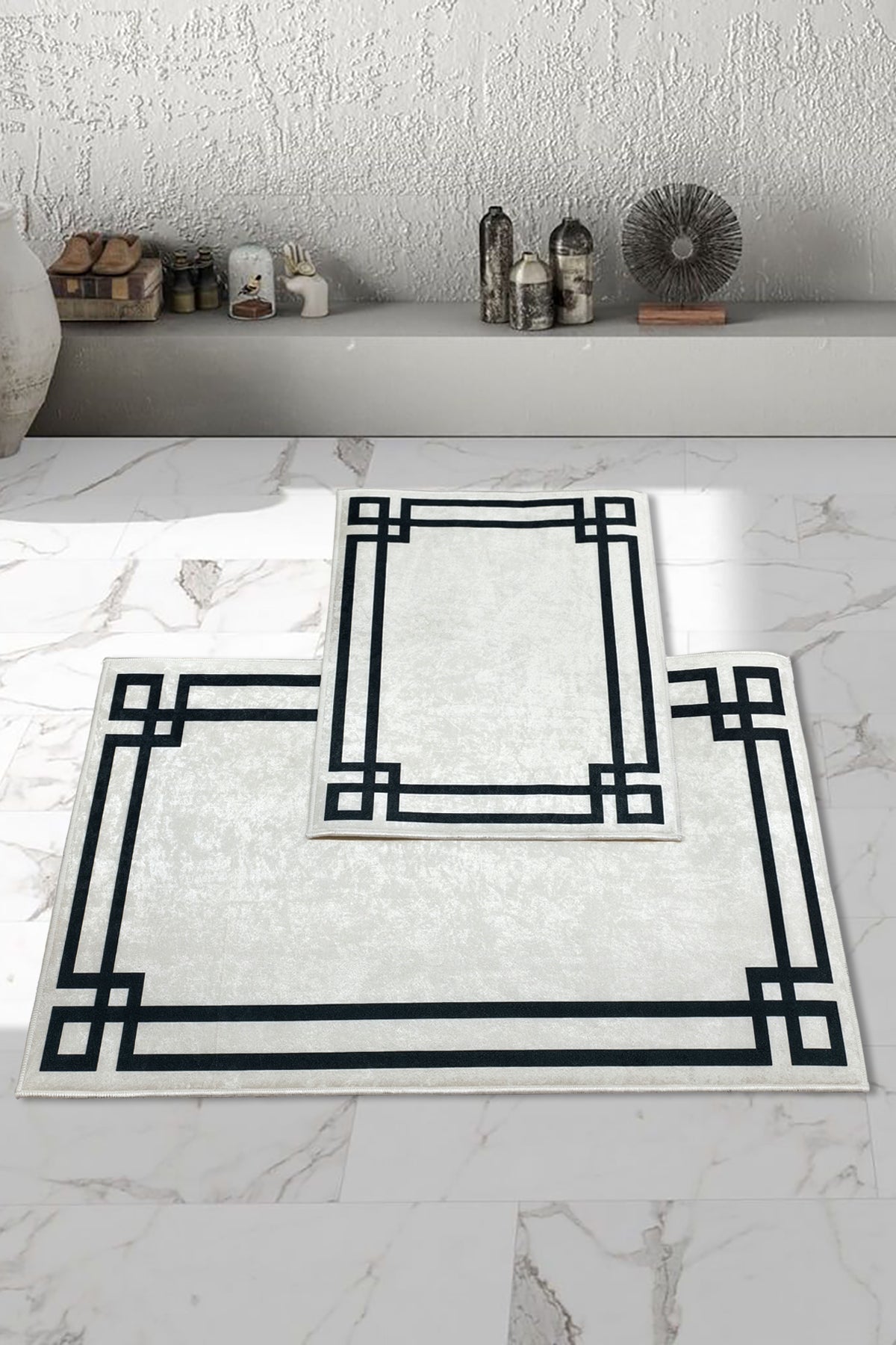 Kaymaz Taban Yıkanabilir 2'li Set Banyo Halısı Banyo Paspas Seti Klozet Takımı Classic Beyaz