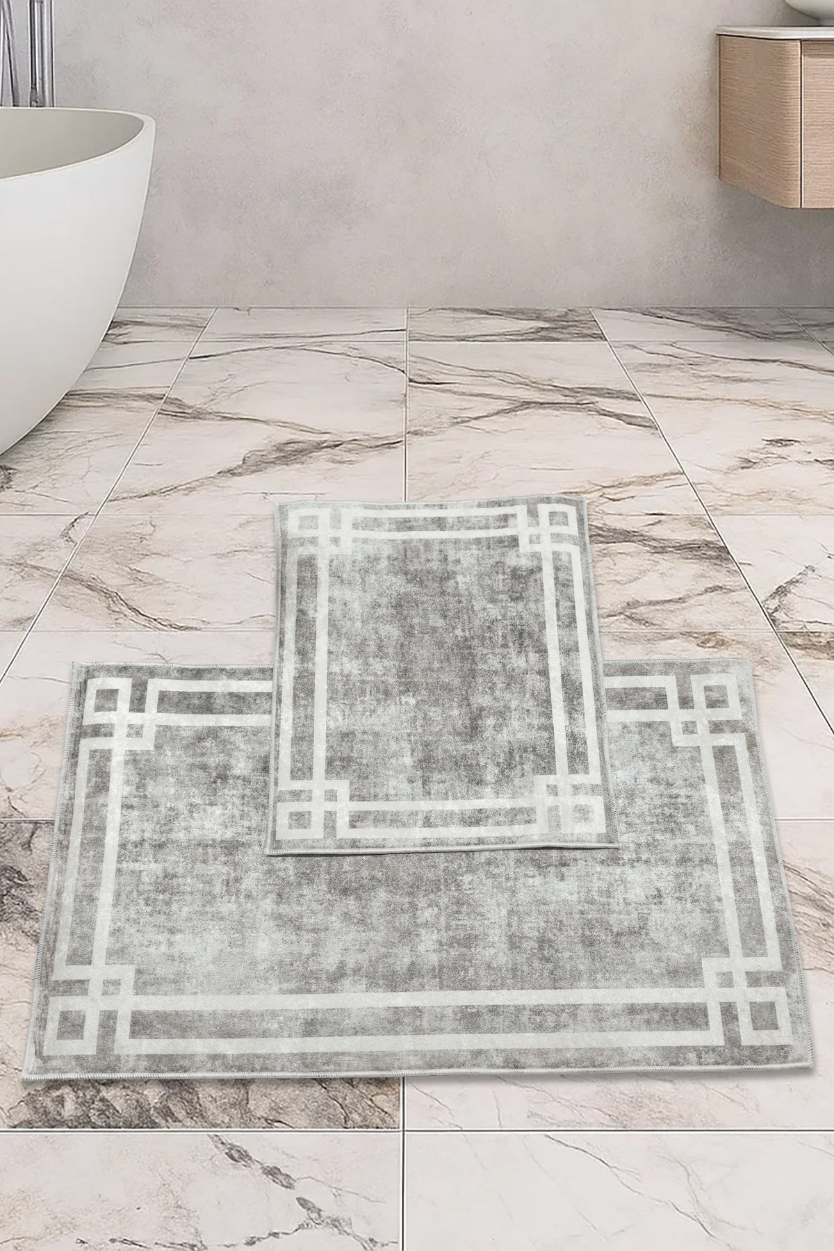 Kaymaz Taban Yıkanabilir 2'li Set Banyo Halısı Banyo Paspas Seti Klozet Takımı Classic Gri