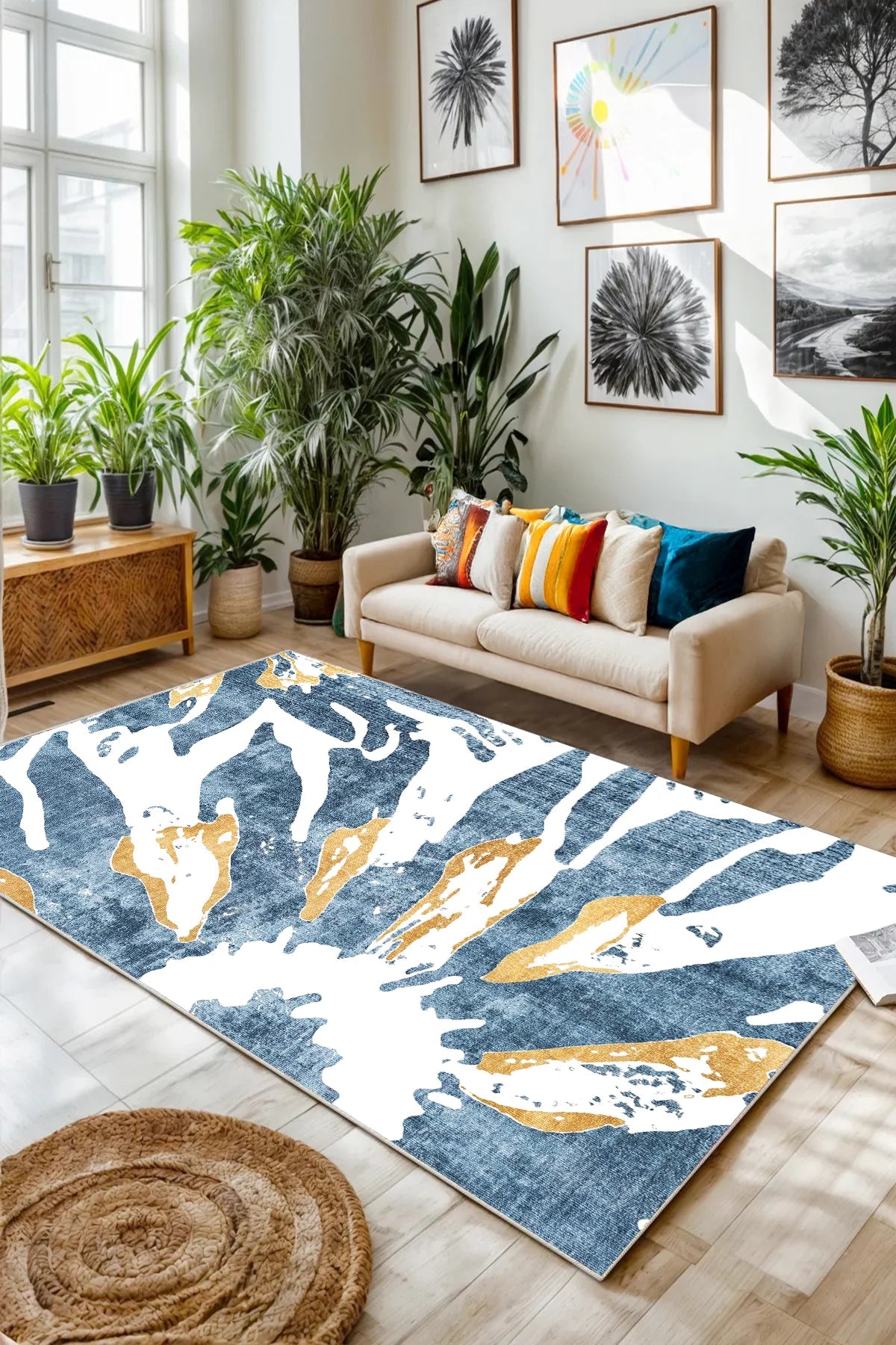 Kaymaz tabanlı Yeni Nesil Baskılı Halı & Yolluk Denim Mavi