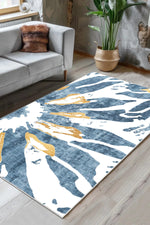 Kaymaz tabanlı Yeni Nesil Baskılı Halı & Yolluk Denim Mavi