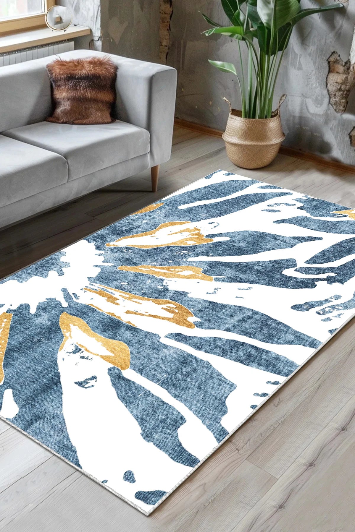 Kaymaz tabanlı Yeni Nesil Baskılı Halı & Yolluk Denim Mavi