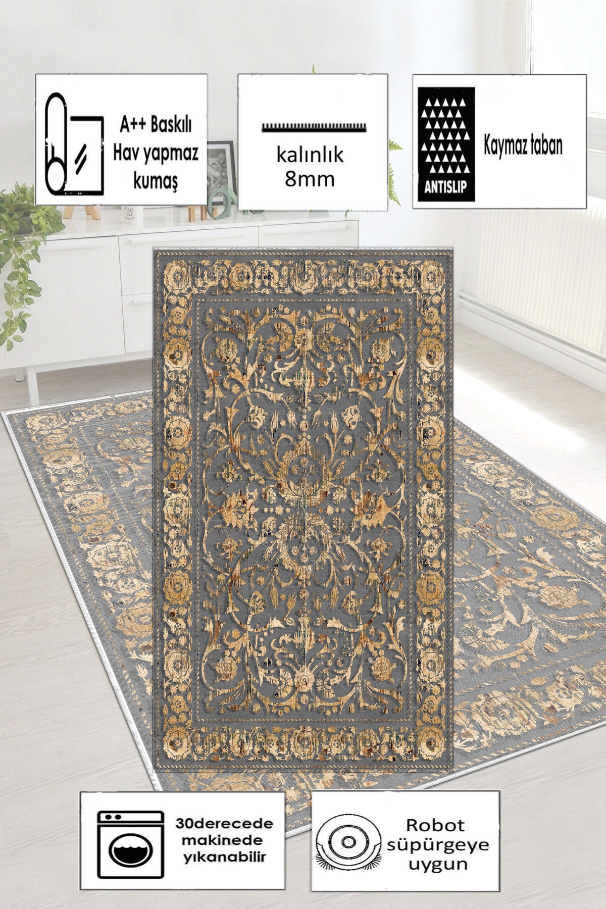 Sultan Gri Yeni Nesil Baskılı Halı & Yolluk