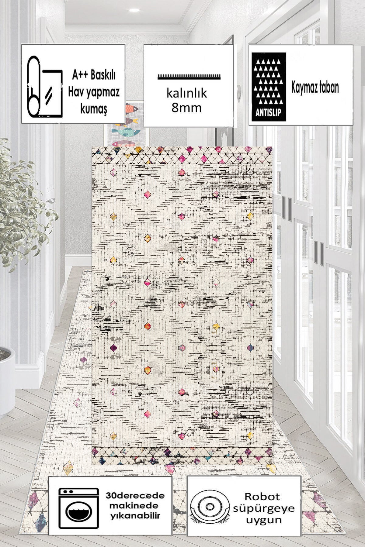 Elmas Desen Baskılı Kaymaz Taban Mutfak Halısı