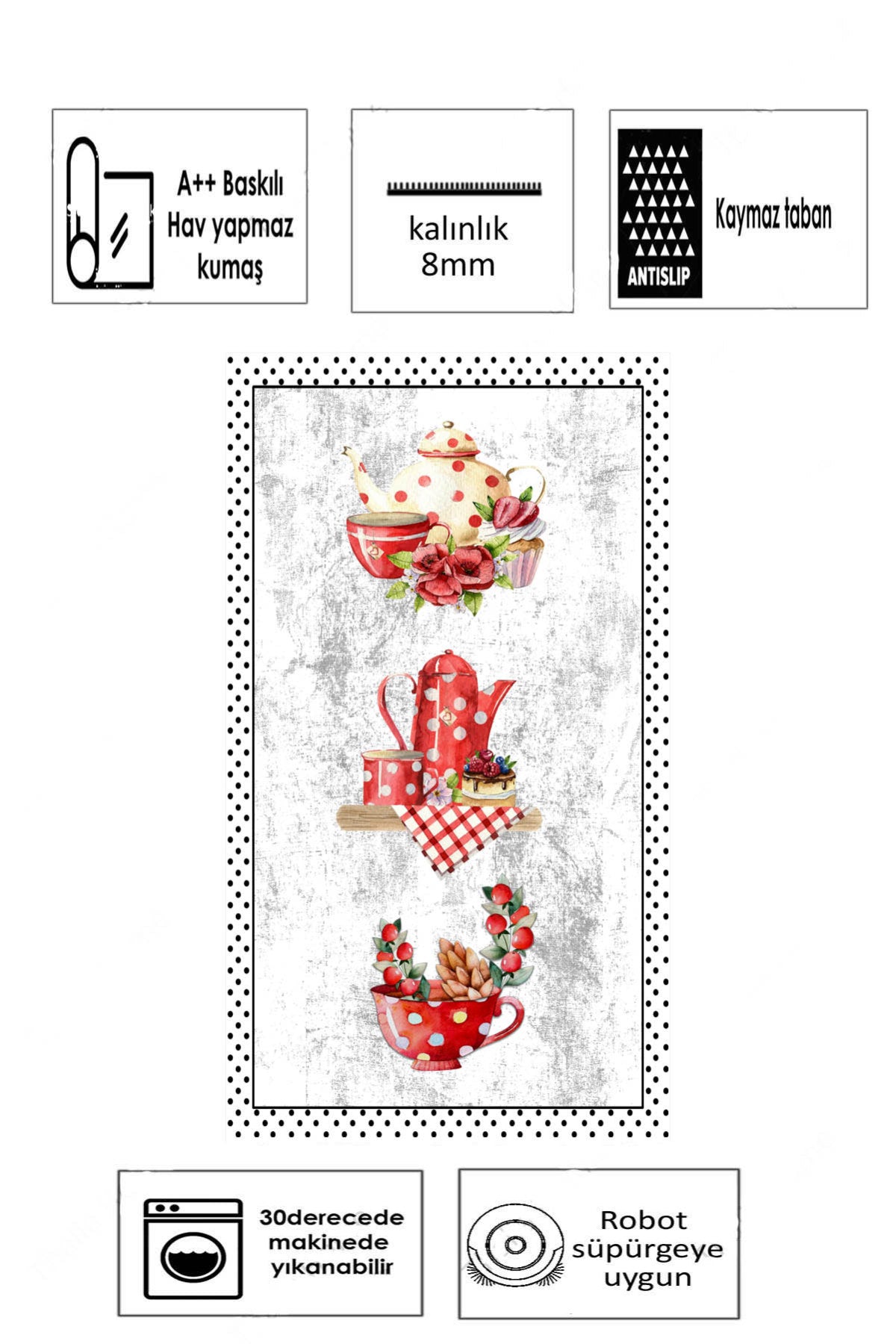 Fincan Beyaz  Baskılı Kaymaz Taban Mutfak Halısı