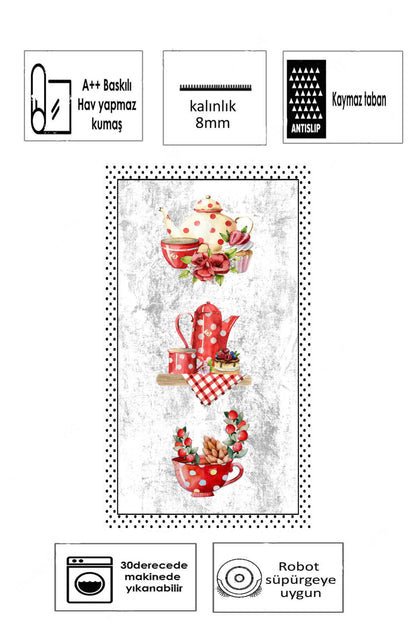 Fincan Beyaz  Baskılı Kaymaz Taban Mutfak Halısı